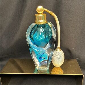 Elegant Blue Glass Perfume Bottle with Gold Accents